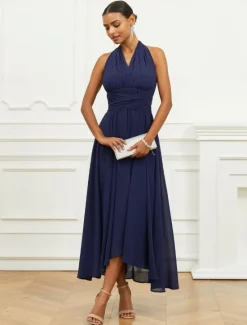 Outlet Women's Wedding Guest Cocktail Dress A Line Midi Chiffon Ruched Belted Elegant Formal One Shoulder Sleeveless Dress Color Women Chiffon Dresses