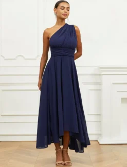 Outlet Women's Wedding Guest Cocktail Dress A Line Midi Chiffon Ruched Belted Elegant Formal One Shoulder Sleeveless Dress Color Women Chiffon Dresses
