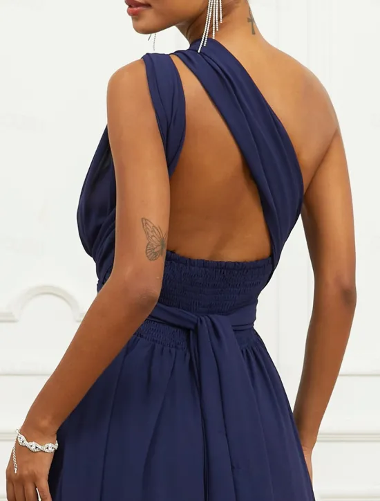Outlet Women's Wedding Guest Cocktail Dress A Line Midi Chiffon Ruched Belted Elegant Formal One Shoulder Sleeveless Dress Color Women Chiffon Dresses