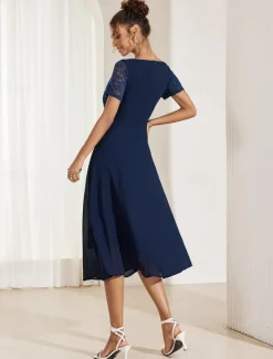 Discount Women's Wedding Guest Cocktail Dress Chiffon Contrast Lace Ruffle Hem Elegant Formal Midi A Line Dress Crew Neck Short Sleeve Color Women Cocktail Dress|Chiffon Dresses