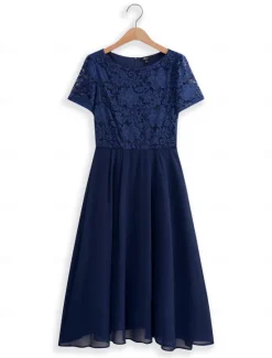 Discount Women's Wedding Guest Cocktail Dress Chiffon Contrast Lace Ruffle Hem Elegant Formal Midi A Line Dress Crew Neck Short Sleeve Color Women Cocktail Dress|Chiffon Dresses
