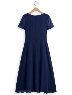 Discount Women's Wedding Guest Cocktail Dress Chiffon Contrast Lace Ruffle Hem Elegant Formal Midi A Line Dress Crew Neck Short Sleeve Color Women Cocktail Dress|Chiffon Dresses