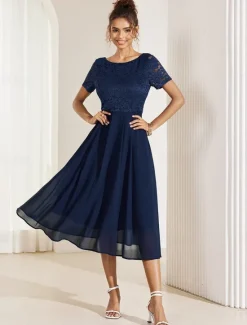 Discount Women's Wedding Guest Cocktail Dress Chiffon Contrast Lace Ruffle Hem Elegant Formal Midi A Line Dress Crew Neck Short Sleeve Color Women Cocktail Dress|Chiffon Dresses