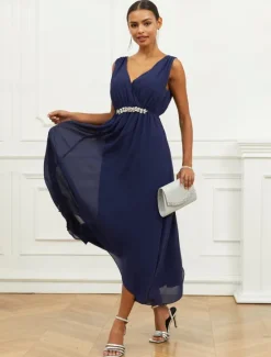New Women's Wedding Guest Cocktail Dress A Line Maxi Chiffon Ruched Tiered Elegant V Neck Sleeveless dress Color Women Chiffon Dresses|Cocktail Dress