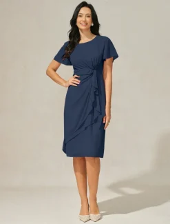 Discount Women's Wedding Guest Cocktail Dress Chiffon Twisted Knot Elegant Formal Layered Midi Dress Crew Neck Short Sleeve Butterfly Sleeve Color Women Cocktail Dress|Chiffon Dresses