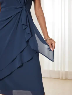 Discount Women's Wedding Guest Cocktail Dress Chiffon Twisted Knot Elegant Formal Layered Midi Dress Crew Neck Short Sleeve Butterfly Sleeve Color Women Cocktail Dress|Chiffon Dresses