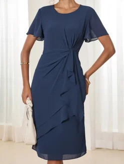 Discount Women's Wedding Guest Cocktail Dress Chiffon Twisted Knot Elegant Formal Layered Midi Dress Crew Neck Short Sleeve Butterfly Sleeve Color Women Cocktail Dress|Chiffon Dresses