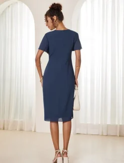 Discount Women's Wedding Guest Cocktail Dress Chiffon Twisted Knot Elegant Formal Layered Midi Dress Crew Neck Short Sleeve Butterfly Sleeve Color Women Cocktail Dress|Chiffon Dresses