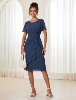 Discount Women's Wedding Guest Cocktail Dress Chiffon Twisted Knot Elegant Formal Layered Midi Dress Crew Neck Short Sleeve Butterfly Sleeve Color Women Cocktail Dress|Chiffon Dresses