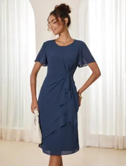 Discount Women's Wedding Guest Cocktail Dress Chiffon Twisted Knot Elegant Formal Layered Midi Dress Crew Neck Short Sleeve Butterfly Sleeve Color Women Cocktail Dress|Chiffon Dresses