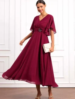 Online Women's Wedding Guest Cocktail Dress Wrap Dress Chiffon Ruffle V Neck Short Sleeve Maxi Dress Party Elegant Formal Summer Women Chiffon Dresses|Cocktail Dress