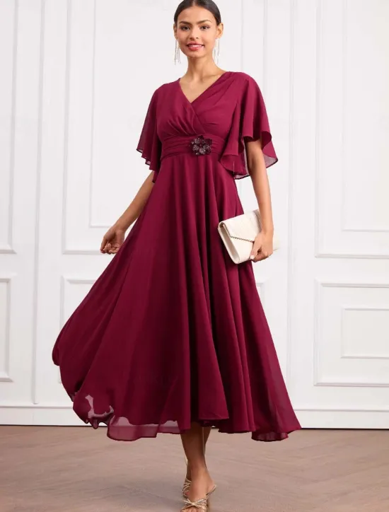 Online Women's Wedding Guest Cocktail Dress Wrap Dress Chiffon Ruffle V Neck Short Sleeve Maxi Dress Party Elegant Formal Summer Women Chiffon Dresses|Cocktail Dress
