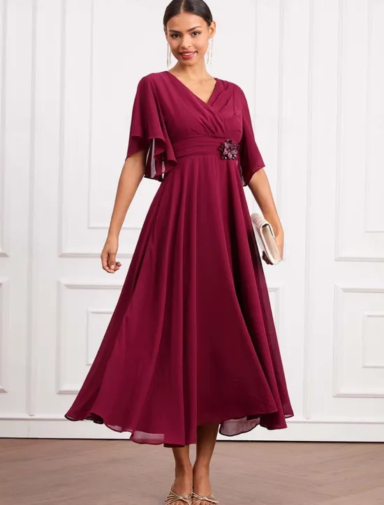 Online Women's Wedding Guest Cocktail Dress Wrap Dress Chiffon Ruffle V Neck Short Sleeve Maxi Dress Party Elegant Formal Summer Women Chiffon Dresses|Cocktail Dress