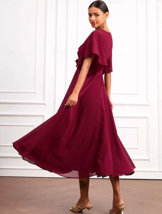 Online Women's Wedding Guest Cocktail Dress Wrap Dress Chiffon Ruffle V Neck Short Sleeve Maxi Dress Party Elegant Formal Summer Women Chiffon Dresses|Cocktail Dress