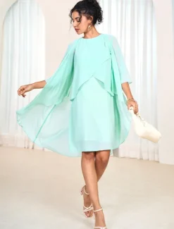 Clearance Women's Wedding Guest Cocktail Dress Chiffon Tiered Elegant Formal Layered Midi Dress Crew Neck Long Sleeve Pink Green Color Women Chiffon Dresses