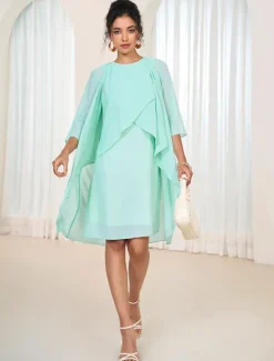 Clearance Women's Wedding Guest Cocktail Dress Chiffon Tiered Elegant Formal Layered Midi Dress Crew Neck Long Sleeve Pink Green Color Women Chiffon Dresses