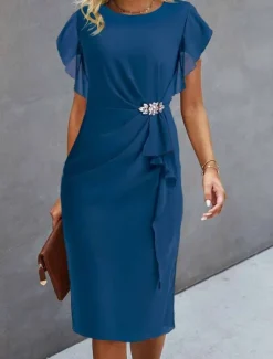 Online Women's Wedding Guest Cocktail Party Dress Midi Chiffon Dress Wine Green Short Sleeve Solid Color Ruffle Crew Neck Evening Summer Spring Fall Women Chiffon Dresses|Work Dresses