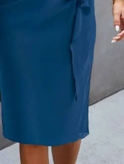 Online Women's Wedding Guest Cocktail Party Dress Midi Chiffon Dress Wine Green Short Sleeve Solid Color Ruffle Crew Neck Evening Summer Spring Fall Women Chiffon Dresses|Work Dresses