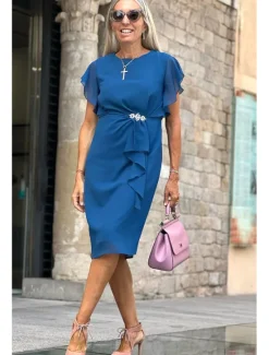Online Women's Wedding Guest Cocktail Party Dress Midi Chiffon Dress Wine Green Short Sleeve Solid Color Ruffle Crew Neck Evening Summer Spring Fall Women Chiffon Dresses|Work Dresses