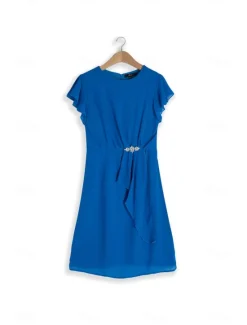 Online Women's Wedding Guest Cocktail Party Dress Midi Chiffon Dress Wine Green Short Sleeve Solid Color Ruffle Crew Neck Evening Summer Spring Fall Women Chiffon Dresses|Work Dresses