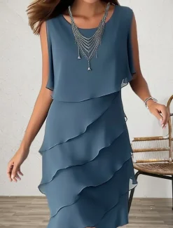 Online Women's Wedding Guest Cocktail Dress Elegant Chiffon Party Dress Midi Dress Sleeveless Pure Color Ruffle Summer Spring Fall Crew Neck Fashion Summer Dress Women Chiffon Dresses|Casual Dress