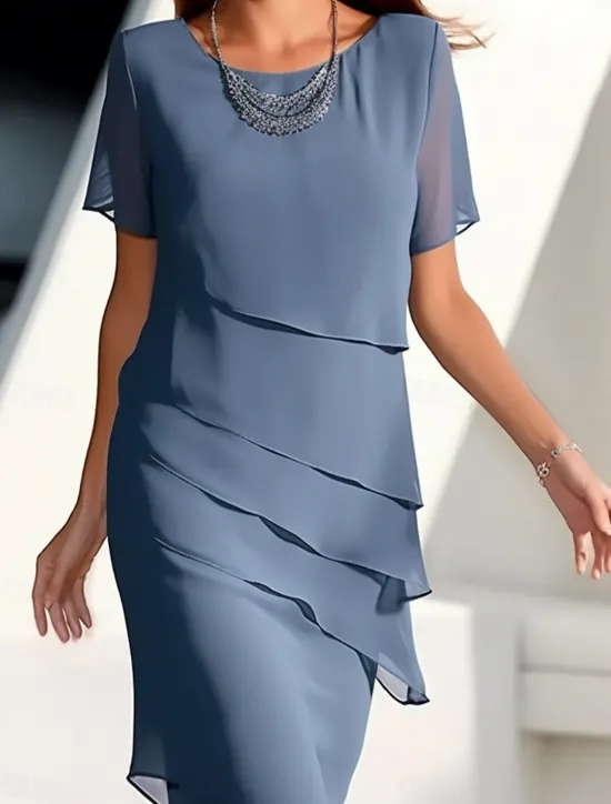 Outlet Women's Wedding Guest Cocktail Dress Chiffon Layered Plain Summer Spring Elegant Midi Dress Short Sleeve Women Chiffon Dresses