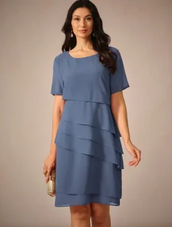 Outlet Women's Wedding Guest Cocktail Dress Chiffon Layered Plain Summer Spring Elegant Midi Dress Short Sleeve Women Chiffon Dresses