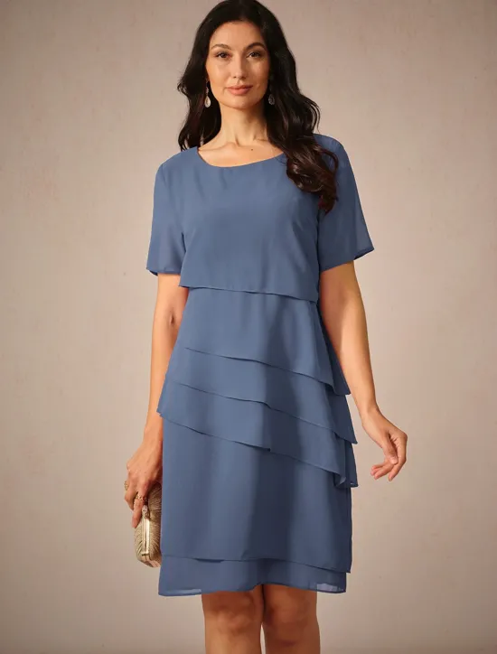 Outlet Women's Wedding Guest Cocktail Dress Chiffon Layered Plain Summer Spring Elegant Midi Dress Short Sleeve Women Chiffon Dresses