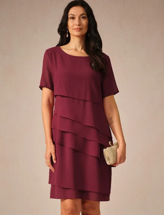 Outlet Women's Wedding Guest Cocktail Dress Chiffon Layered Plain Summer Spring Elegant Midi Dress Short Sleeve Women Chiffon Dresses
