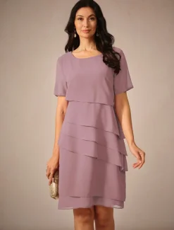 Outlet Women's Wedding Guest Cocktail Dress Chiffon Layered Plain Summer Spring Elegant Midi Dress Short Sleeve Women Chiffon Dresses