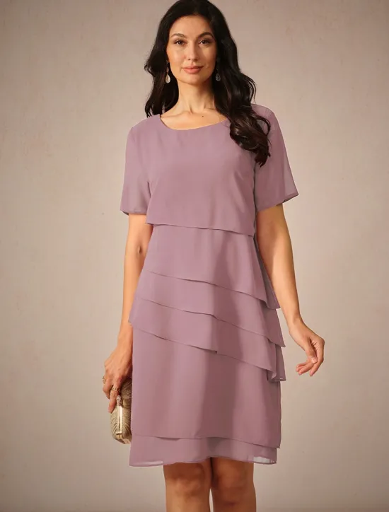 Outlet Women's Wedding Guest Cocktail Dress Chiffon Layered Plain Summer Spring Elegant Midi Dress Short Sleeve Women Chiffon Dresses