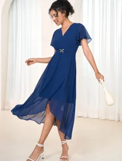 Women's Wedding Guest Cocktail Dress Chiffon Pleated Ruffle Elegant Midi Dress Crew Neck Sleeveless Color Women Chiffon Dresses|Cocktail Dress