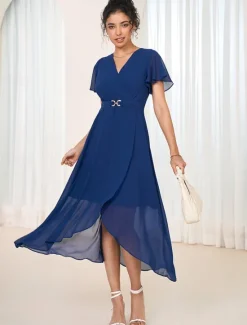 Women's Wedding Guest Cocktail Dress Chiffon Pleated Ruffle Elegant Midi Dress Crew Neck Sleeveless Color Women Chiffon Dresses|Cocktail Dress