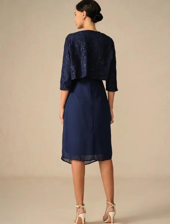 Women's Wedding Guest Cocktail Dress Set Chiffon Lace Patchwork Elegant Spring Fall Midi Dress Crew Neck 3/4 Length Sleeve Women Chiffon Dresses