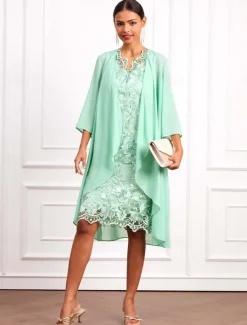 New Women's Wedding Guest Cocktail Dress Set Chiffon Lace V Neck 3/4 Length Sleeve Mini Dress Party Elegant Formal Summer Spring Women Chiffon Dresses|Cocktail Dress