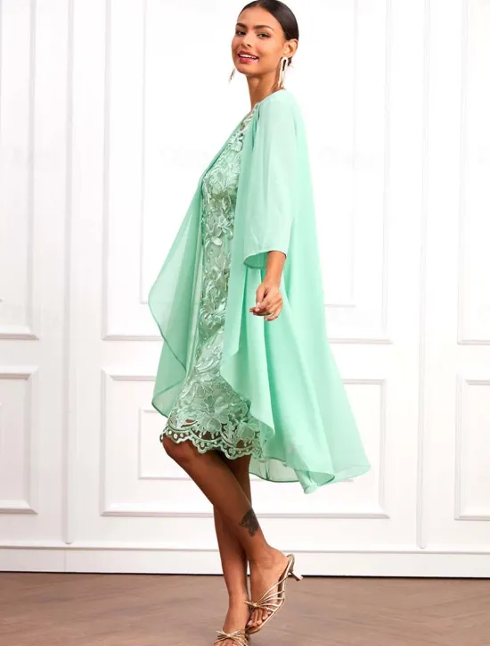 New Women's Wedding Guest Cocktail Dress Set Chiffon Lace V Neck 3/4 Length Sleeve Mini Dress Party Elegant Formal Summer Spring Women Chiffon Dresses|Cocktail Dress