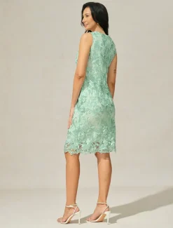 New Women's Wedding Guest Cocktail Dress Set Chiffon Lace V Neck 3/4 Length Sleeve Mini Dress Party Elegant Formal Summer Spring Women Chiffon Dresses|Cocktail Dress