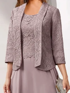 Hot Women's Wedding Guest Cocktail Dress Chiffon Fashion Lace Patchwork Elegant Two Piece Dress Set Fall Winter Midi Dress Crew Neck 3/4 Length Sleeve Plain Loose Fit Women Chiffon Dresses