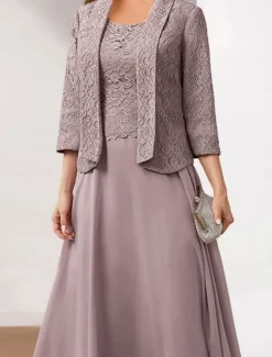 Hot Women's Wedding Guest Cocktail Dress Chiffon Fashion Lace Patchwork Elegant Two Piece Dress Set Fall Winter Midi Dress Crew Neck 3/4 Length Sleeve Plain Loose Fit Women Chiffon Dresses