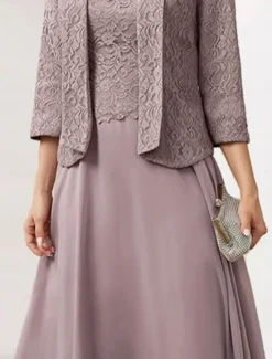Hot Women's Wedding Guest Cocktail Dress Chiffon Fashion Lace Patchwork Elegant Two Piece Dress Set Fall Winter Midi Dress Crew Neck 3/4 Length Sleeve Plain Loose Fit Women Chiffon Dresses