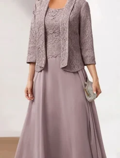 Hot Women's Wedding Guest Cocktail Dress Chiffon Fashion Lace Patchwork Elegant Two Piece Dress Set Fall Winter Midi Dress Crew Neck 3/4 Length Sleeve Plain Loose Fit Women Chiffon Dresses