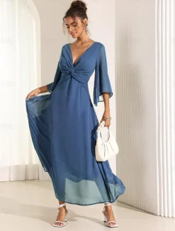 Online Women's Wedding Guest Cocktail Dress Chiffon Plain Ruffle Twisted Elegant Summer Maxi Dress V Neck Flared 3/4 Length Sleeve Women Cocktail Dress|Chiffon Dresses