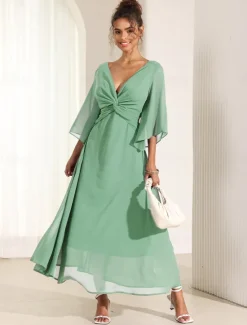 Online Women's Wedding Guest Cocktail Dress Chiffon Plain Ruffle Twisted Elegant Summer Maxi Dress V Neck Flared 3/4 Length Sleeve Women Cocktail Dress|Chiffon Dresses
