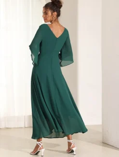 Online Women's Wedding Guest Cocktail Dress Chiffon Plain Ruffle Twisted Elegant Summer Maxi Dress V Neck Flared 3/4 Length Sleeve Women Cocktail Dress|Chiffon Dresses