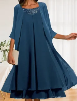 Sale Women's Wedding Guest Cocktail Dress Chiffon Fashion Layered Casual Elegant Two Piece Dress Set Midi Fall Winter Dress Crew Neck 3/4 Length Sleeve Plain Women Chiffon Dresses