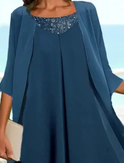Sale Women's Wedding Guest Cocktail Dress Chiffon Fashion Layered Casual Elegant Two Piece Dress Set Midi Fall Winter Dress Crew Neck 3/4 Length Sleeve Plain Women Chiffon Dresses
