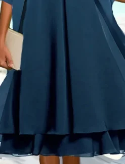 Sale Women's Wedding Guest Cocktail Dress Chiffon Fashion Layered Casual Elegant Two Piece Dress Set Midi Fall Winter Dress Crew Neck 3/4 Length Sleeve Plain Women Chiffon Dresses