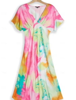 Women's Wedding Guest Dress Ombre Print V Neck Midi Dress Elegant Date Short Sleeve Regular Fit Vacation Daily Summer Dress Women Vacation Dresses