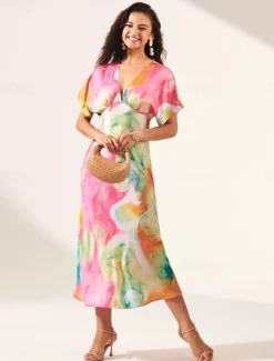 Women's Wedding Guest Dress Ombre Print V Neck Midi Dress Elegant Date Short Sleeve Regular Fit Vacation Daily Summer Dress Women Vacation Dresses