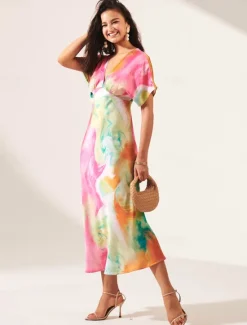 Women's Wedding Guest Dress Ombre Print V Neck Midi Dress Elegant Date Short Sleeve Regular Fit Vacation Daily Summer Dress Women Vacation Dresses